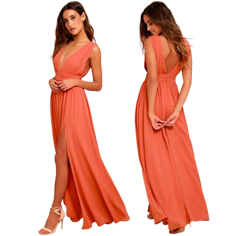 Lulus Heavenly Hues Rusty Rose Chiffon Pleated Maxi Dress size Medium NWT